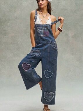 Heart patchwork denim overalls Women's Blue Denim Heart Patch Overalls